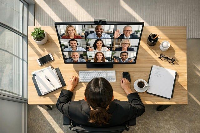 A group of colleagues participating in an online video call meeting on a screen.
