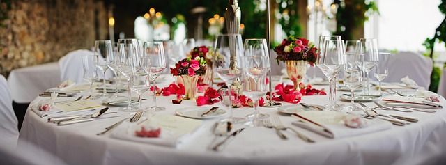 An elegantly decorated luxury event ballroom prepared for a grand gala.