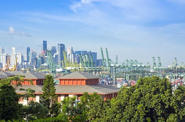 A busy shipping port in Asia with cargo containers and cranes